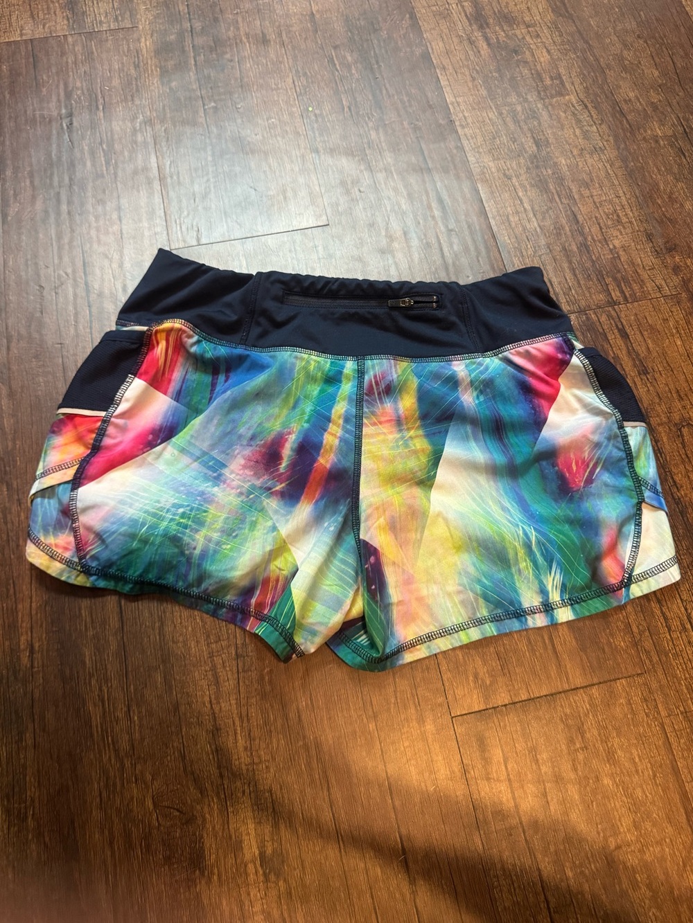 Athleta Multicolor Rainbow Print Athletic Shorts with Navy Waistband Vintage - Picture 3 of 8